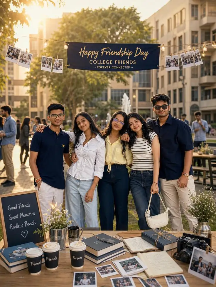 College friends gathering on a university campus with graduation photos, books, and joyful smiles.