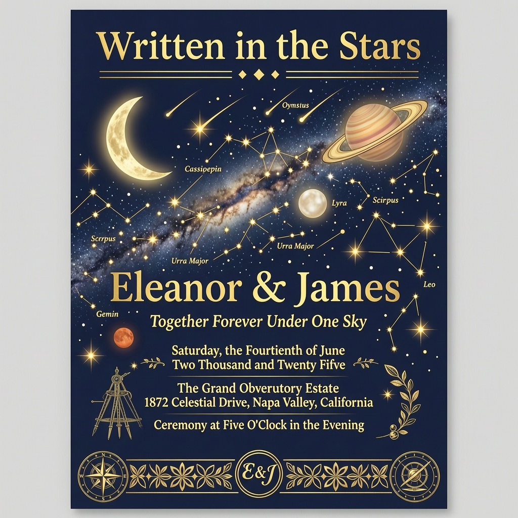 Celestial star map wedding invitation with constellations and elegant gold typography.