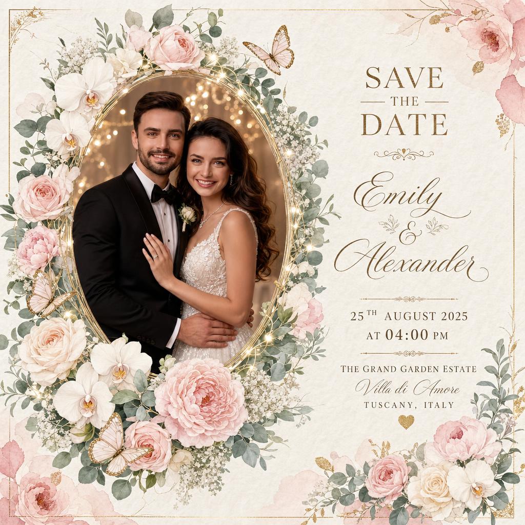 Floral frame wedding invitation featuring a couple surrounded by elegant flowers.