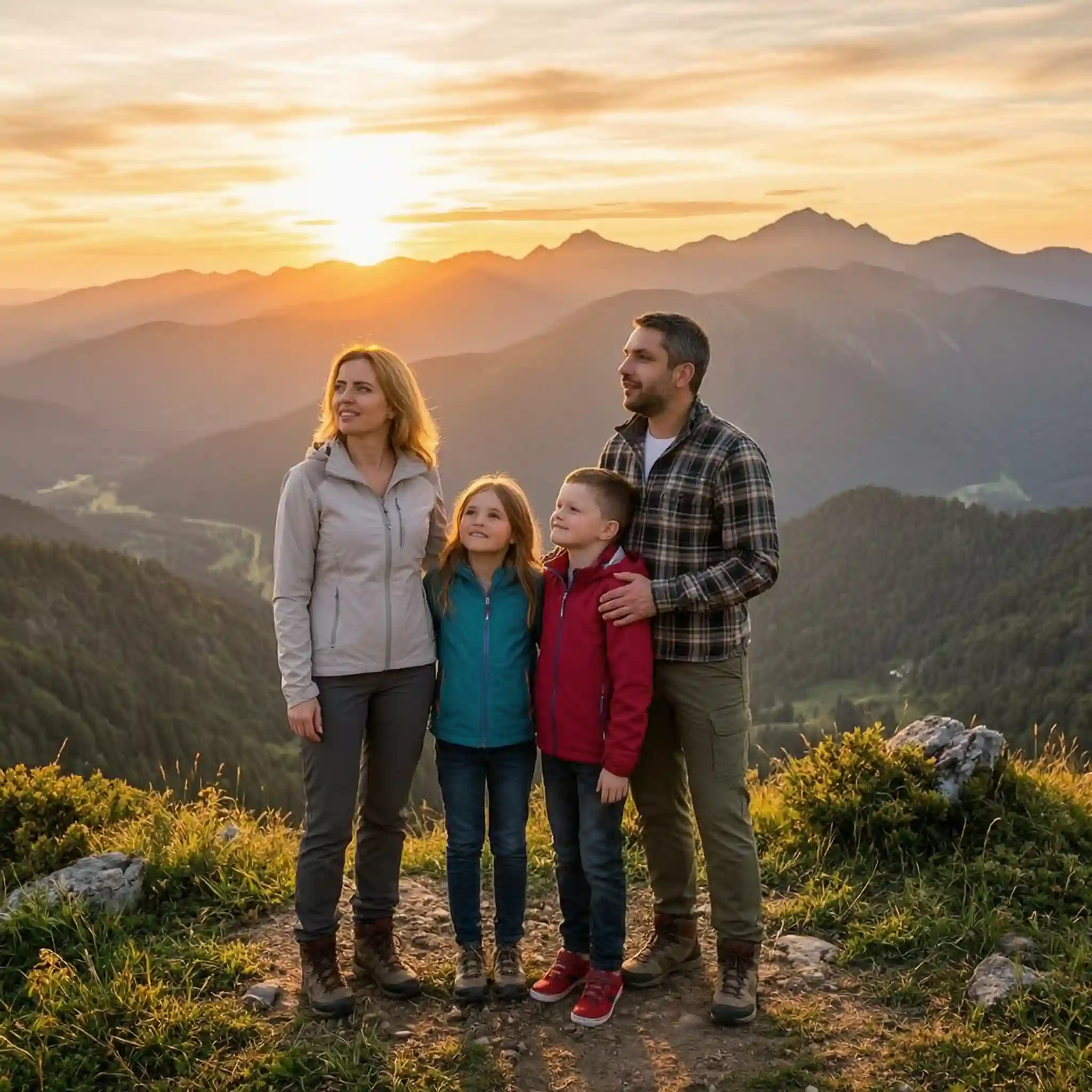 Wide Landscape Travel family portrait of parents and two children