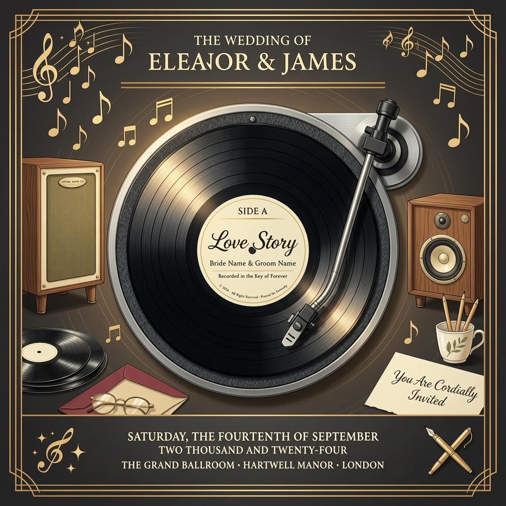 Vintage vinyl record wedding invitation with a retro music-inspired design.