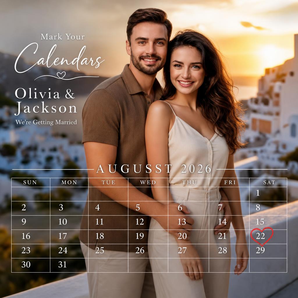 Calendar-style wedding announcement with a couple and highlighted wedding date.
