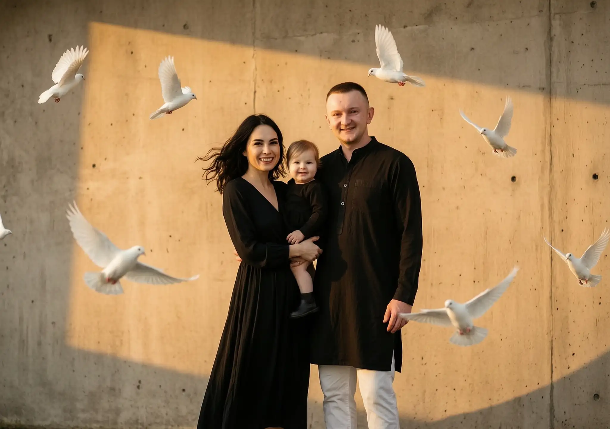 Cinematic outdoor family portrait of three family members standing close together