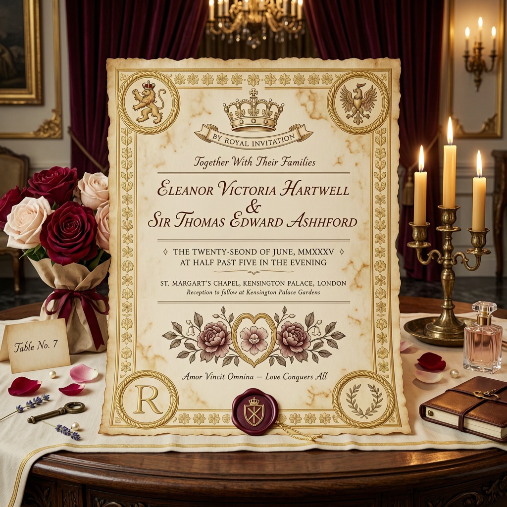 Royal scroll wedding invitation featuring an ancient parchment and elegant calligraphy.