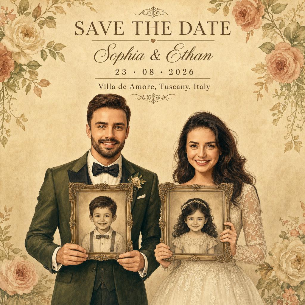 Vintage illustrated wedding invitation featuring a couple with childhood portrait frames.
