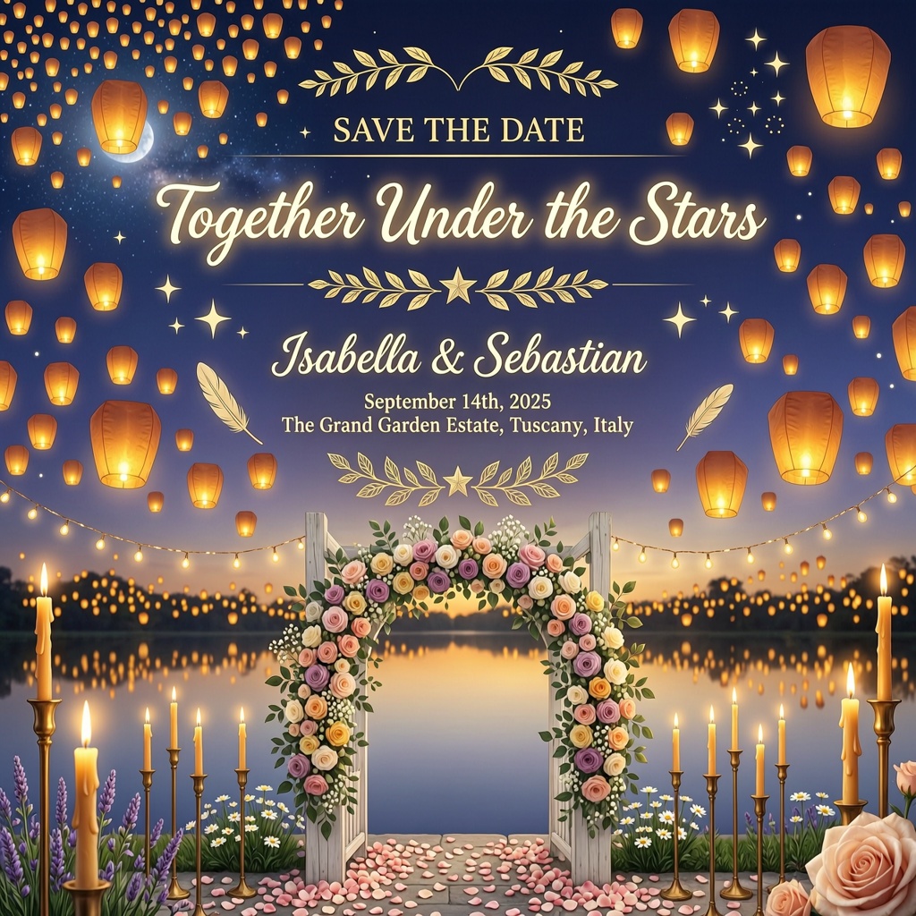 Romantic lantern festival wedding invitation with glowing sky lanterns over a lake.