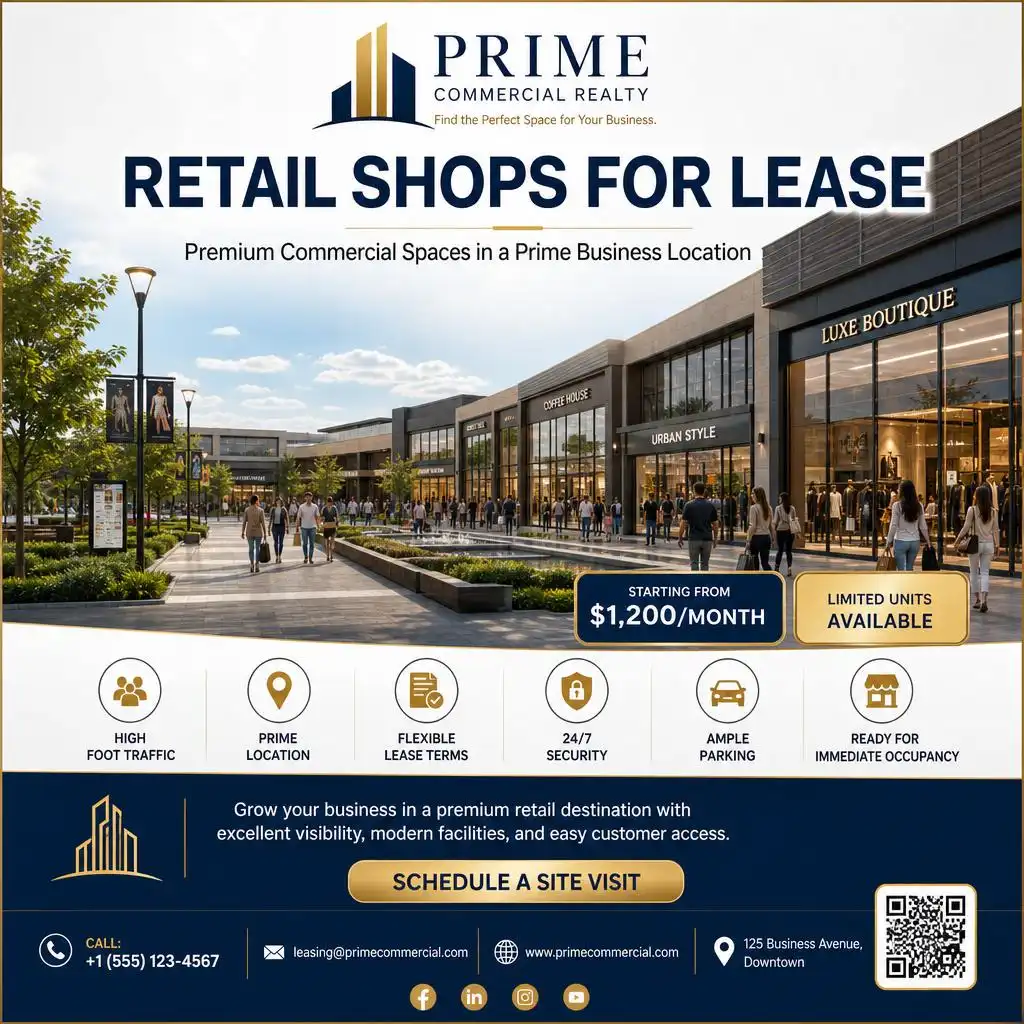 Retail shop for lease flyer featuring commercial storefronts with prime location and leasing details.