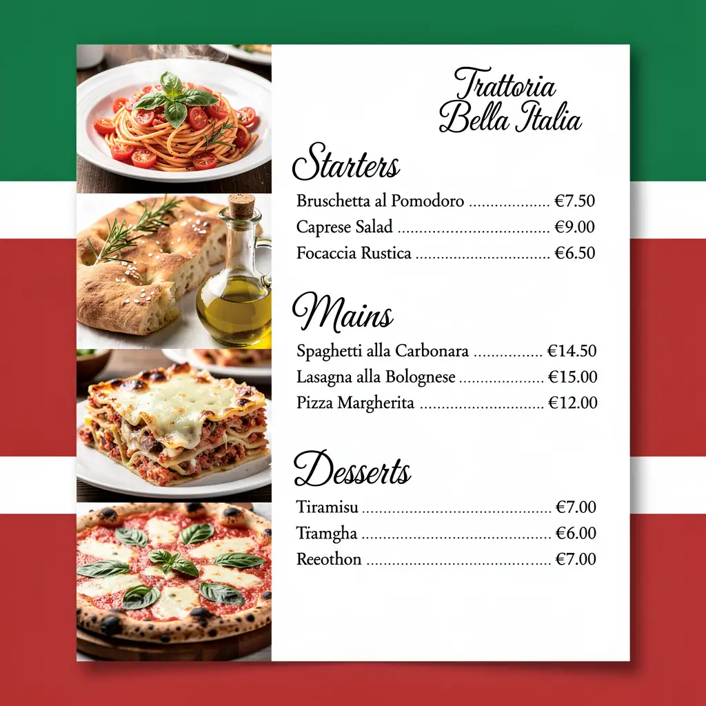 Elegant Italian restaurant menu with pasta, pizza, desserts, and Italian-inspired design.