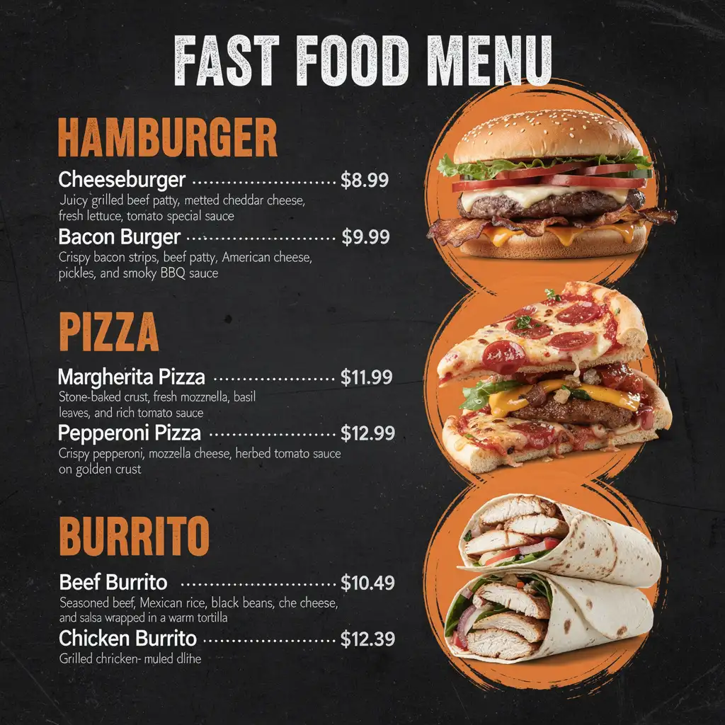 Modern American fast food menu with burgers, pizza, burritos, and bold orange accents.