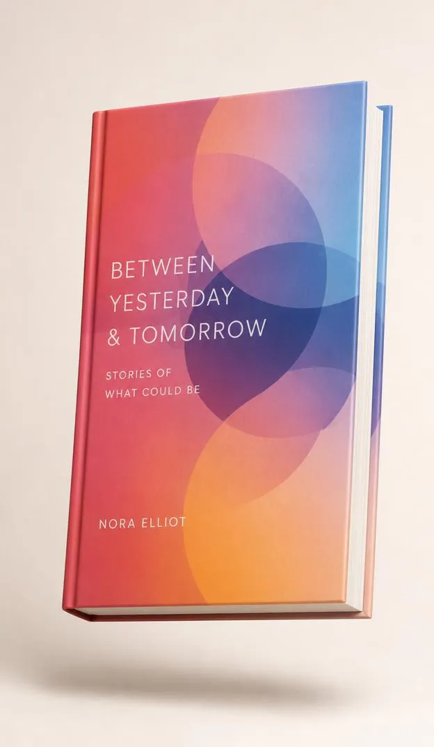 Hardcover book floating above a studio surface at a three-quarter angle with a soft shadow below.