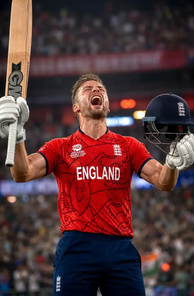 England cricket batter celebrates a match-winning century with bat and helmet under stadium floodlights.