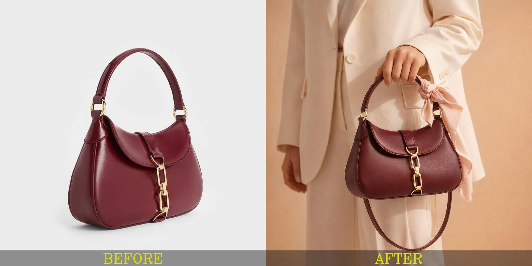 Before and after of a plain handbag transformed into a luxury fashion advertisement with a model.