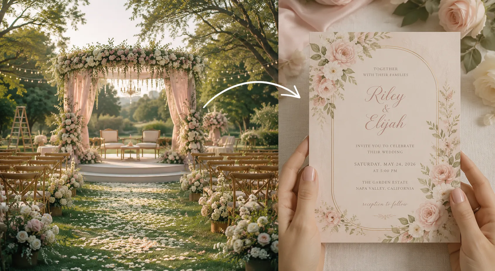 Outdoor garden wedding venue paired with a matching pastel floral wedding invitation, showing how the invitation theme reflects the wedding setting.