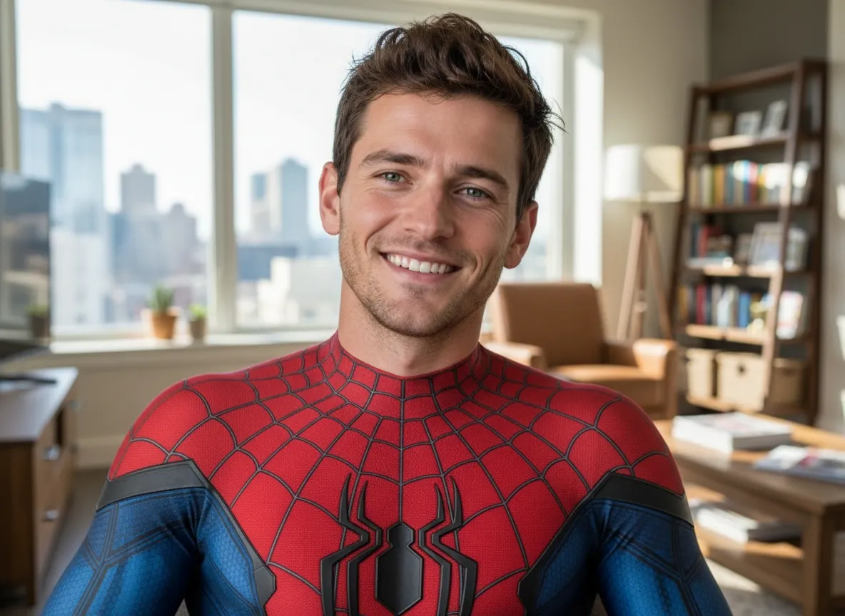 Man transformed into Spider-Man suit standing in a realistic everyday room setting.