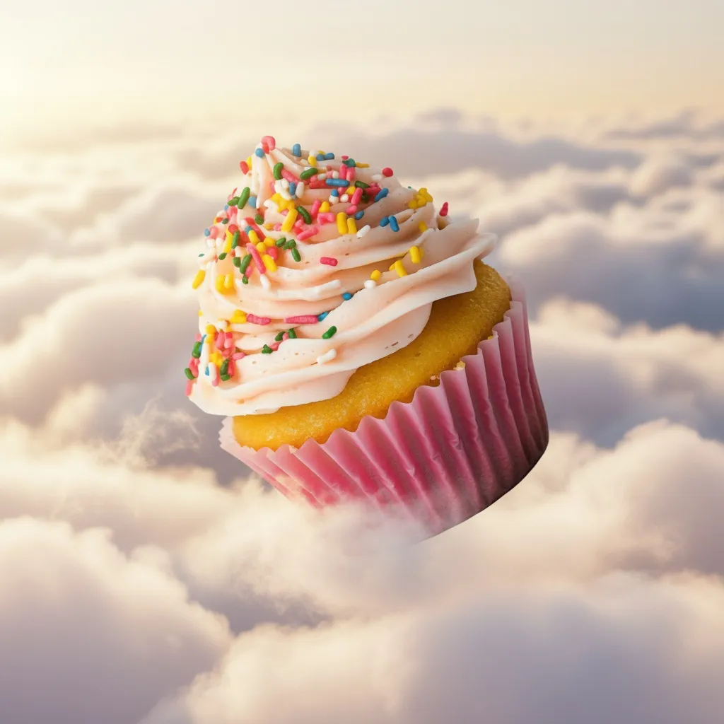 A frosted cupcake floating above soft pink and white clouds during a golden sunrise.