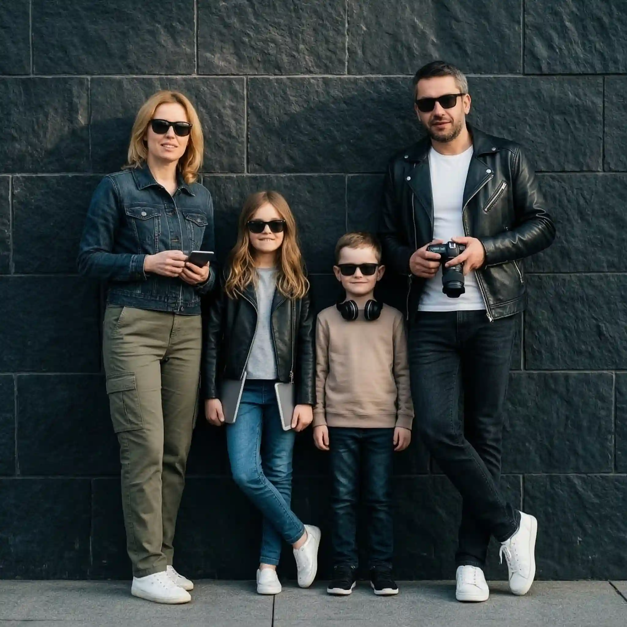 family portrait of four family members near dark stone wall