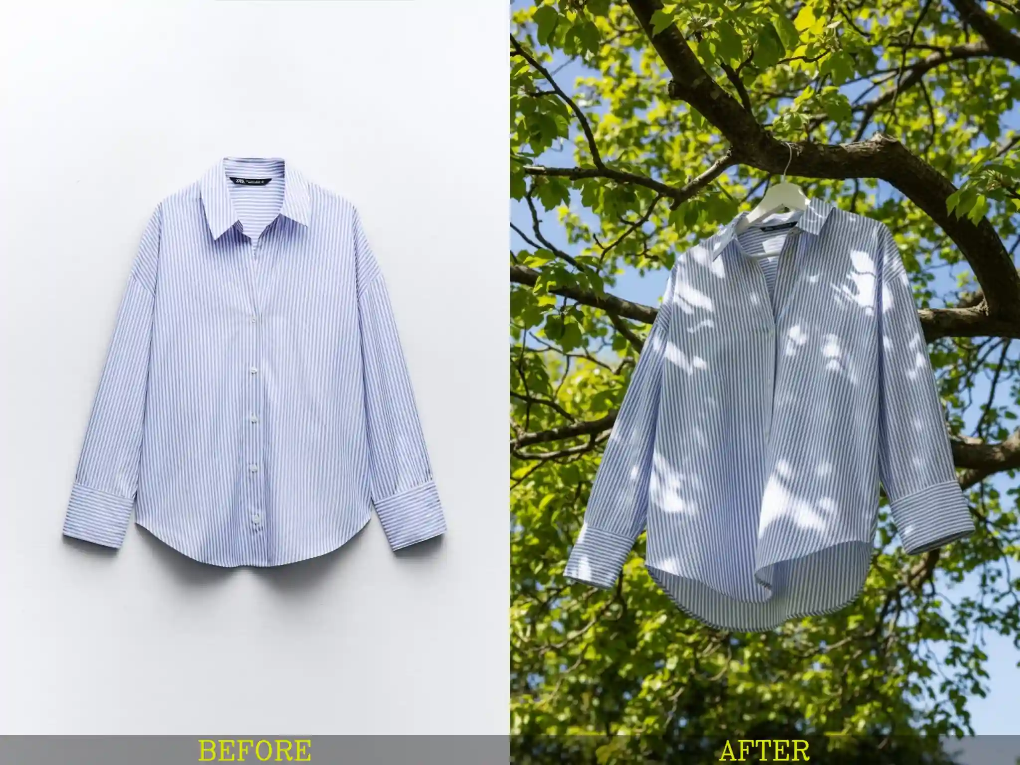 Before and after of a plain T-shirt transformed into an outdoor clothing advertisement.