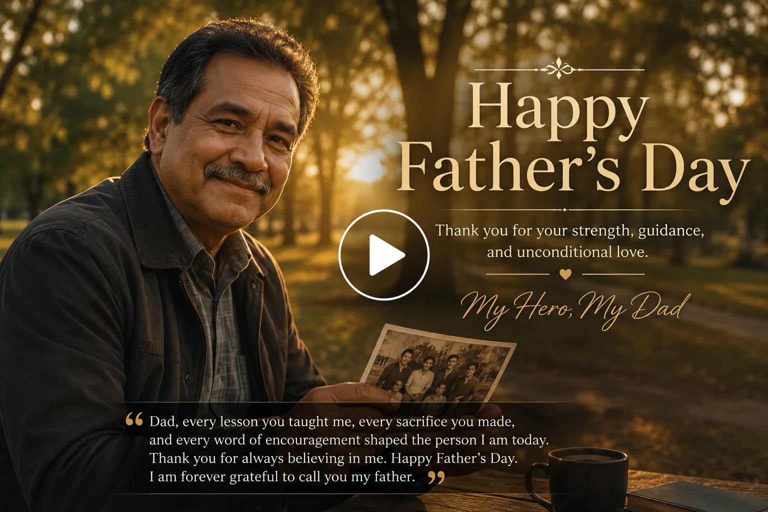 Video frame screenshot of Father smiling in a sunny park during golden hour.