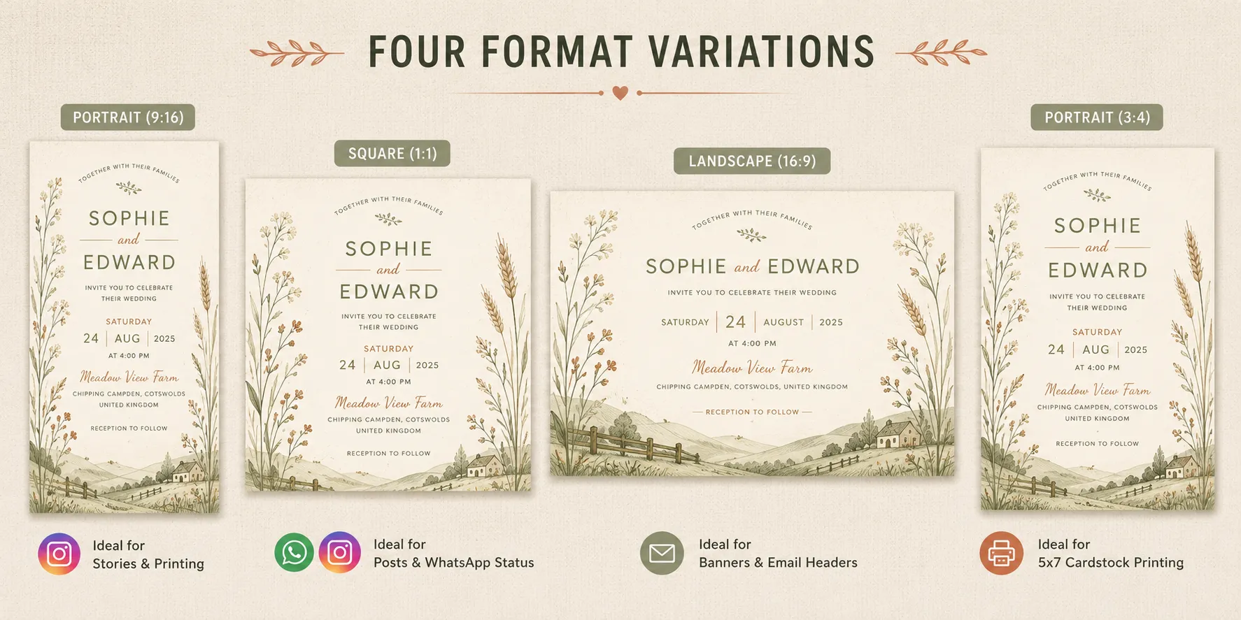 Four versions of the same rustic wedding invitation displayed in portrait, square, landscape, and 3:4 formats, showing the best layouts for stories, social posts, banners, emails, and print.