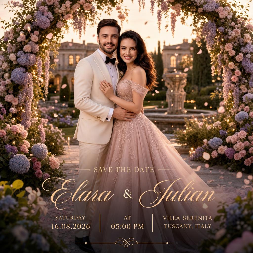 Romantic garden wedding save the date invitation with a couple beneath a floral arch.