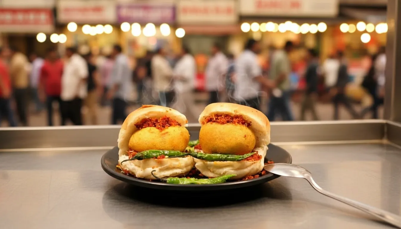 An Indian street food dish served at a bustling market stall with colorful bokeh lights behind.