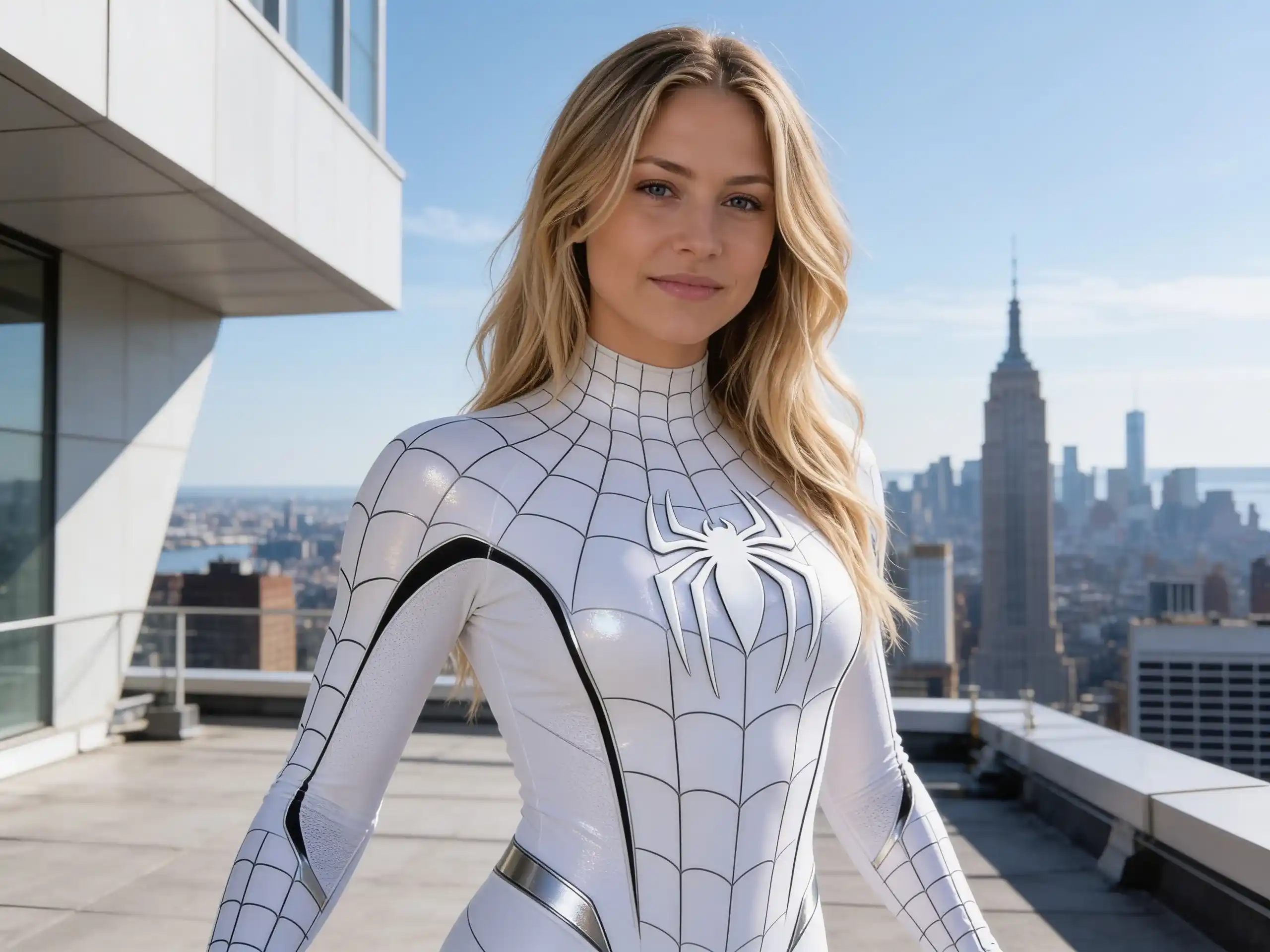 Woman wearing a sleek white Spider-Man suit on a modern rooftop.
