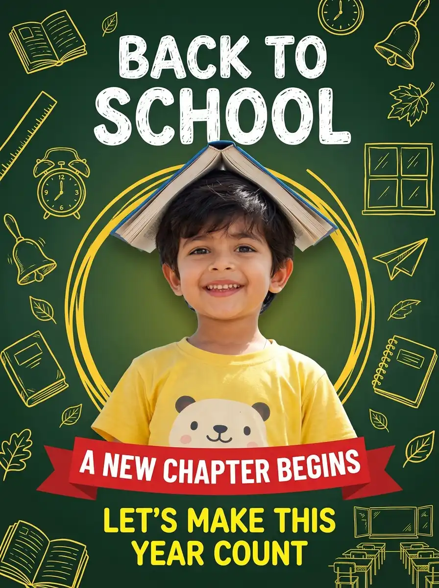 Back-to-school poster with child and chalkboard design.