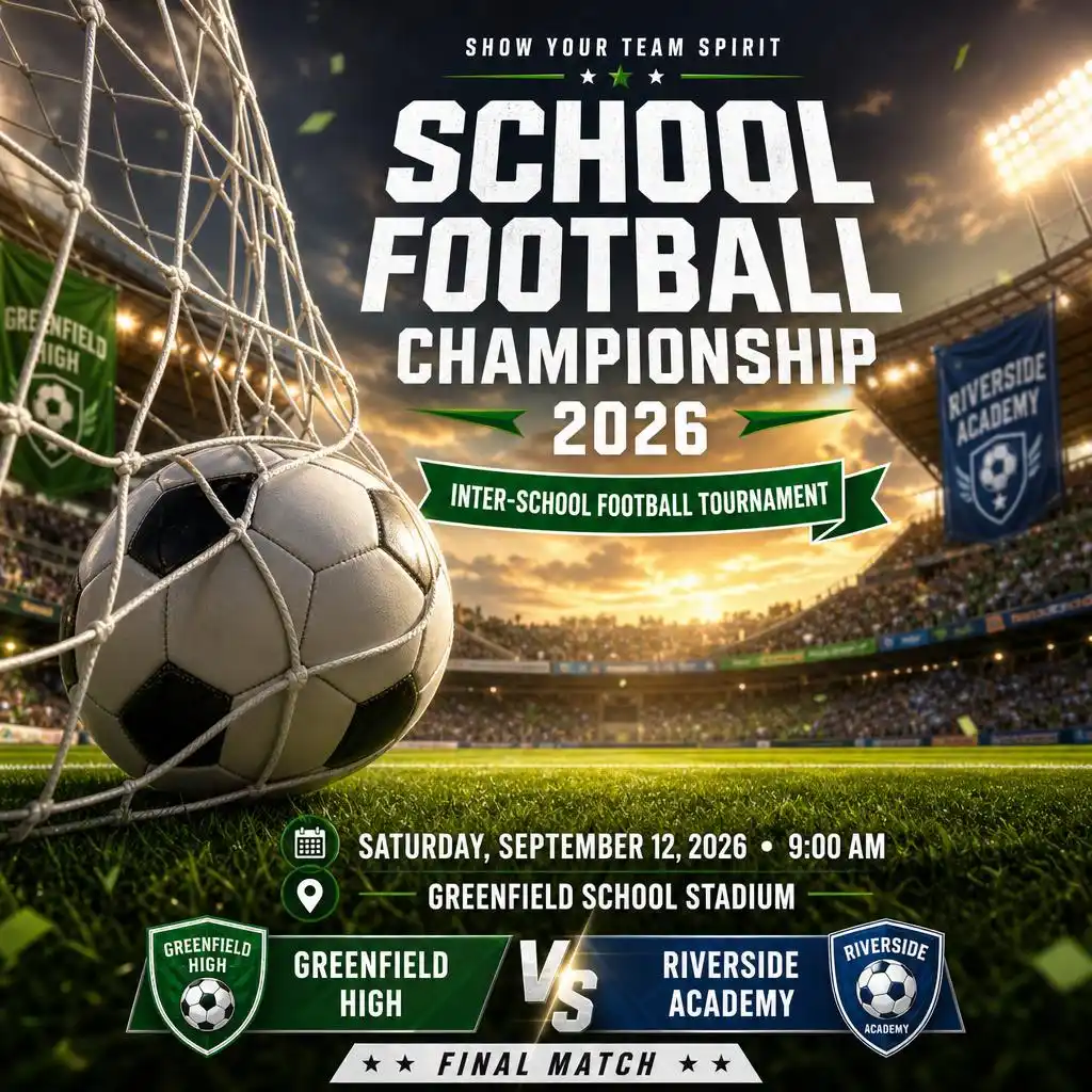 School football championship poster with a football hitting the net in a stadium.