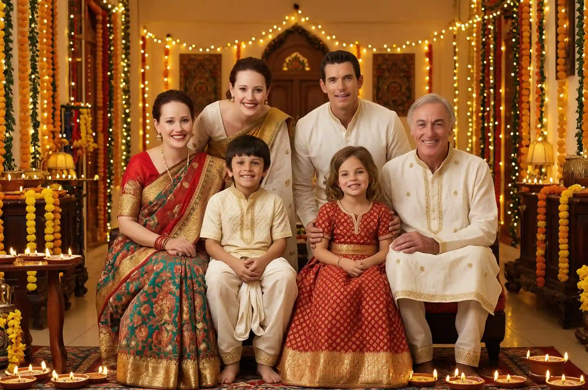Diwali family portrait of parents, two children, and grandparents