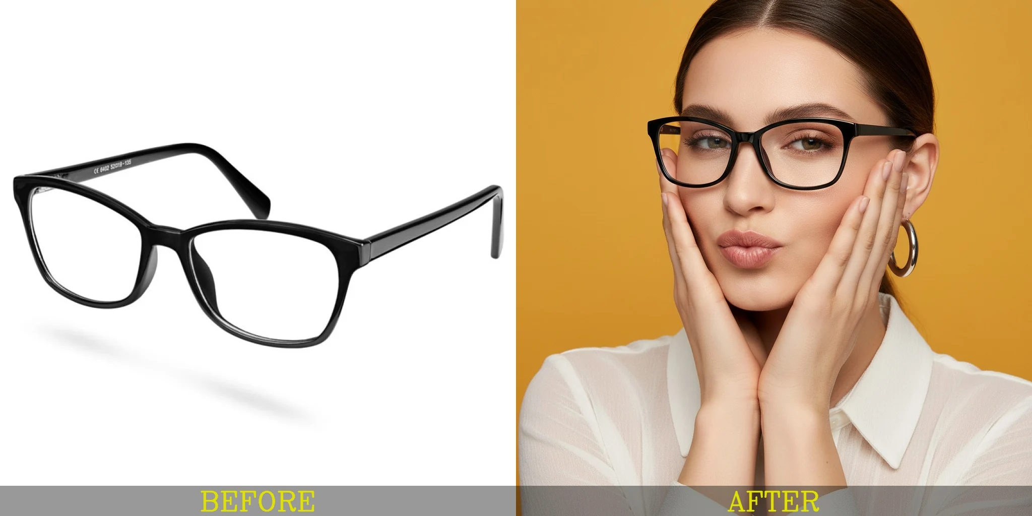 Before and after of plain eyeglasses transformed into a fashion eyewear advertisement with a model.