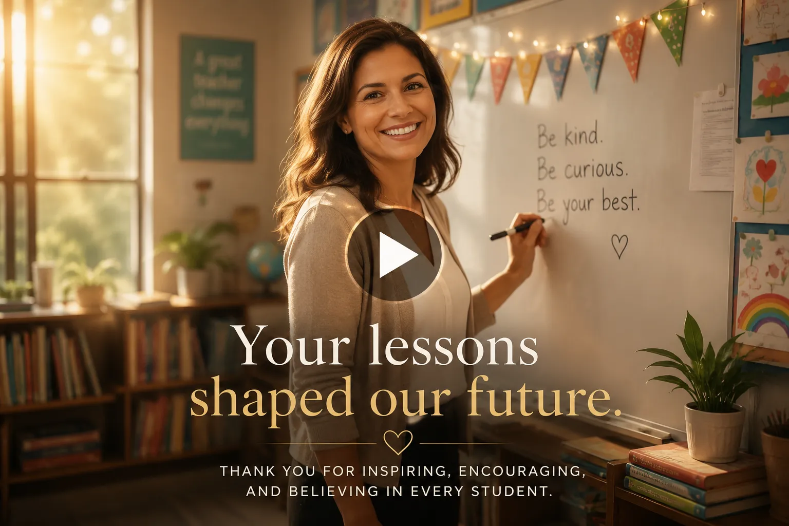 Video frame screenshot of Teacher smiling inside a bright classroom.