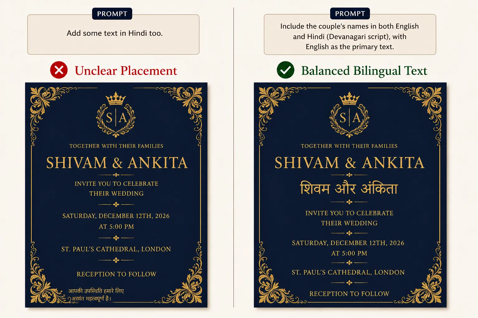 Side-by-side comparison of bilingual wedding invitations showing poor Hindi text placement versus a balanced English and Hindi layout for the names Shivam and Ankita.