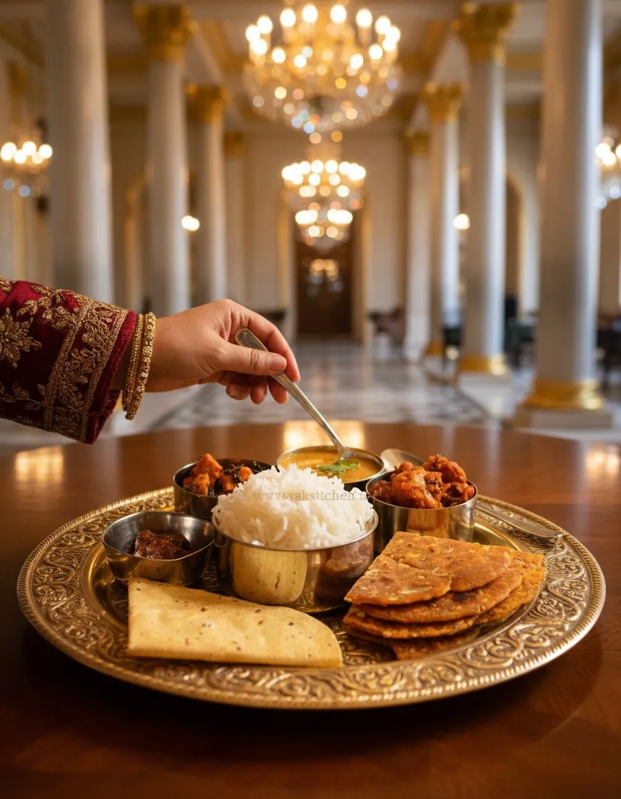 An Indian feast served on an ornate brass thali inside a luxurious palace-inspired dining hall.