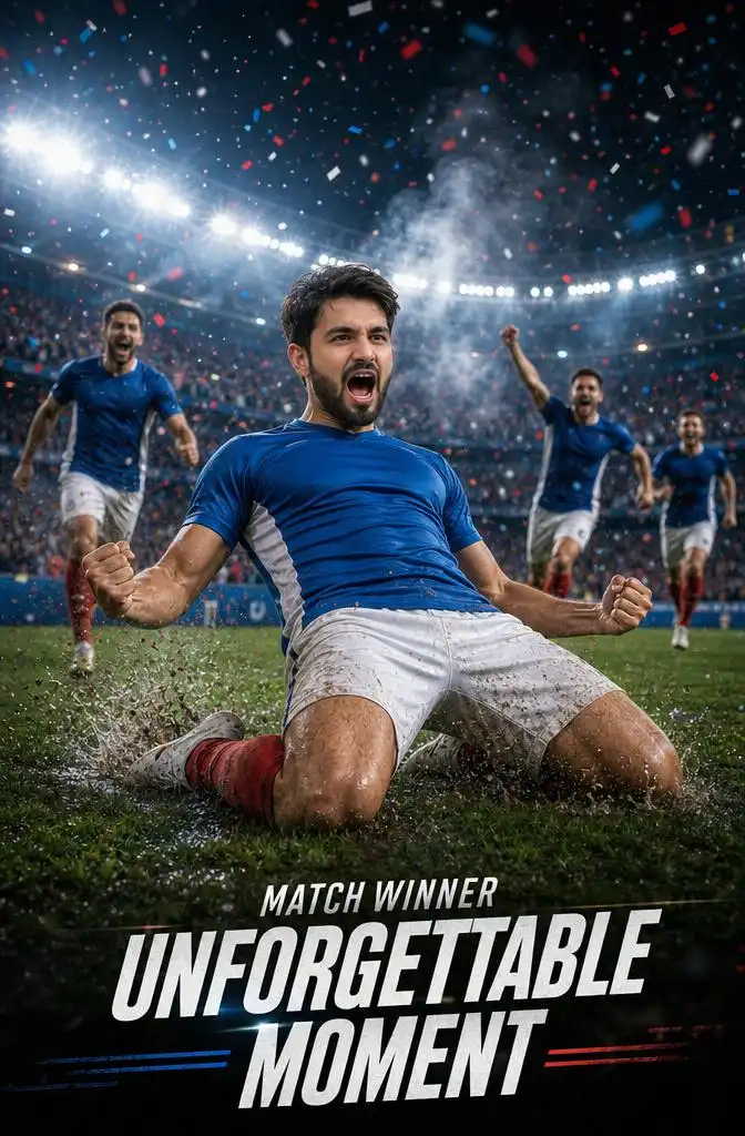 Football player celebrating a winning goal with a knee-slide in the rain.