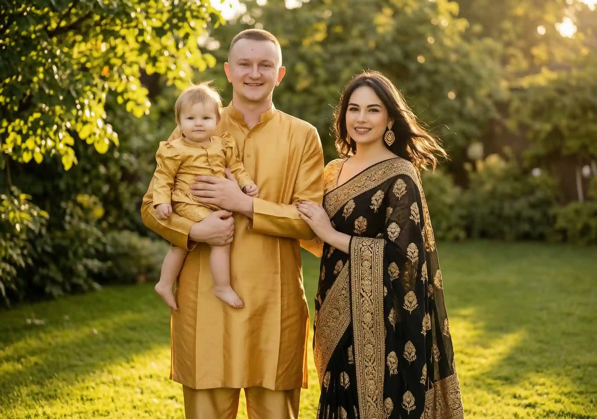 amily portrait of three family members standing together in a lush green garden