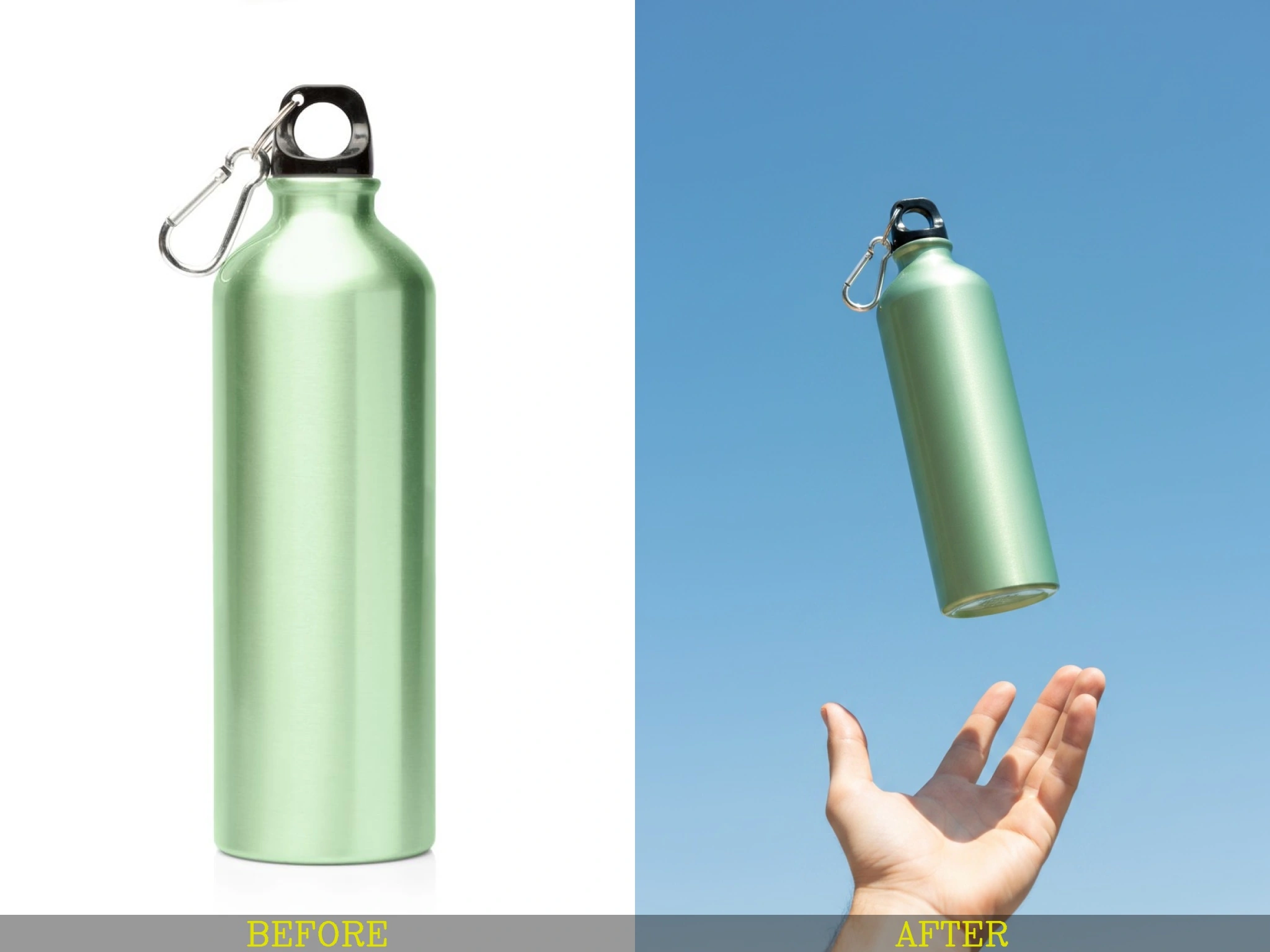 Before and after of a plain water bottle transformed into an outdoor product advertisement.