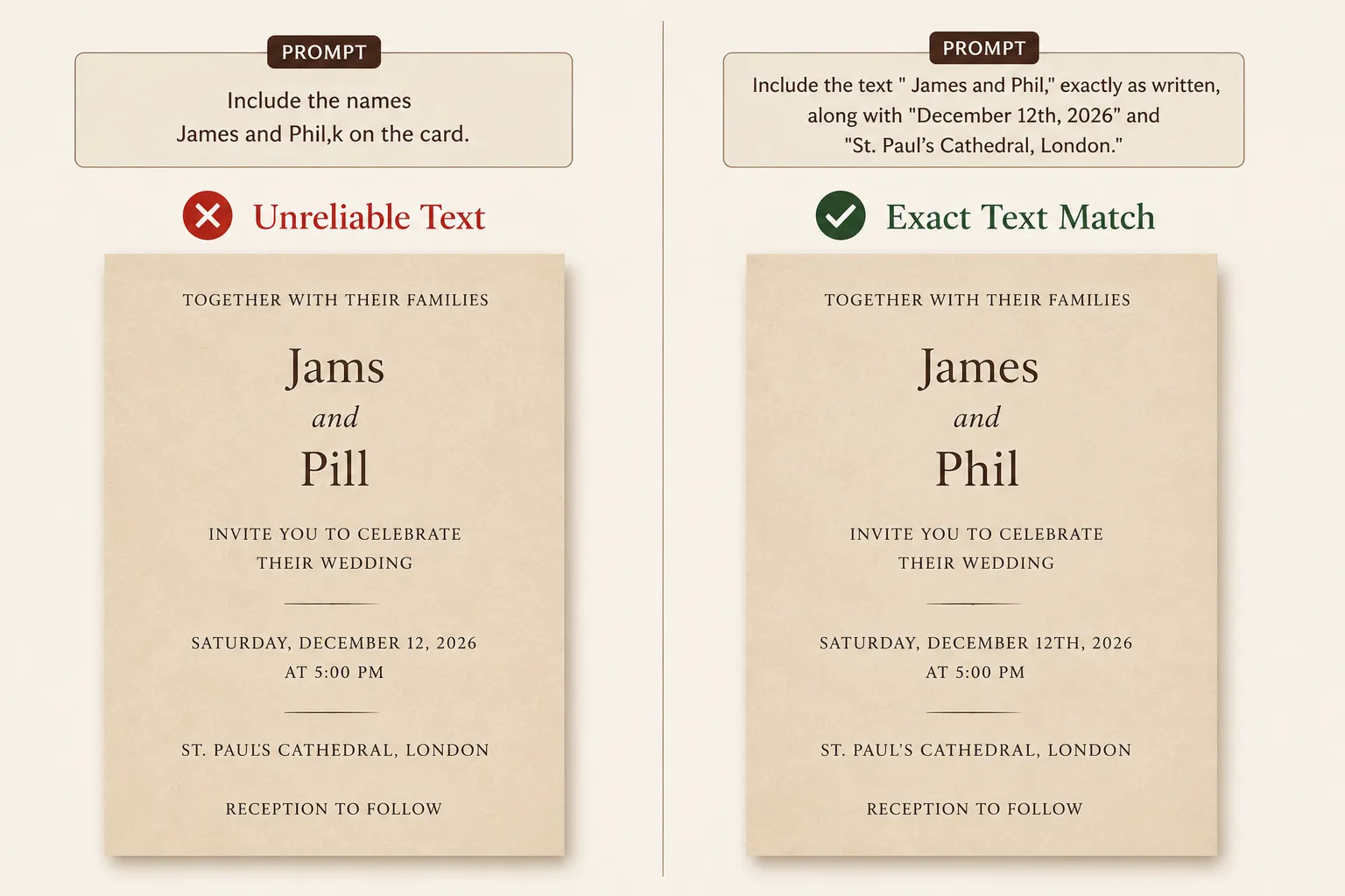 Side-by-side comparison showing how a vague prompt can produce incorrect wedding invitation text while a precise prompt generates the exact names, date, and venue as requested.