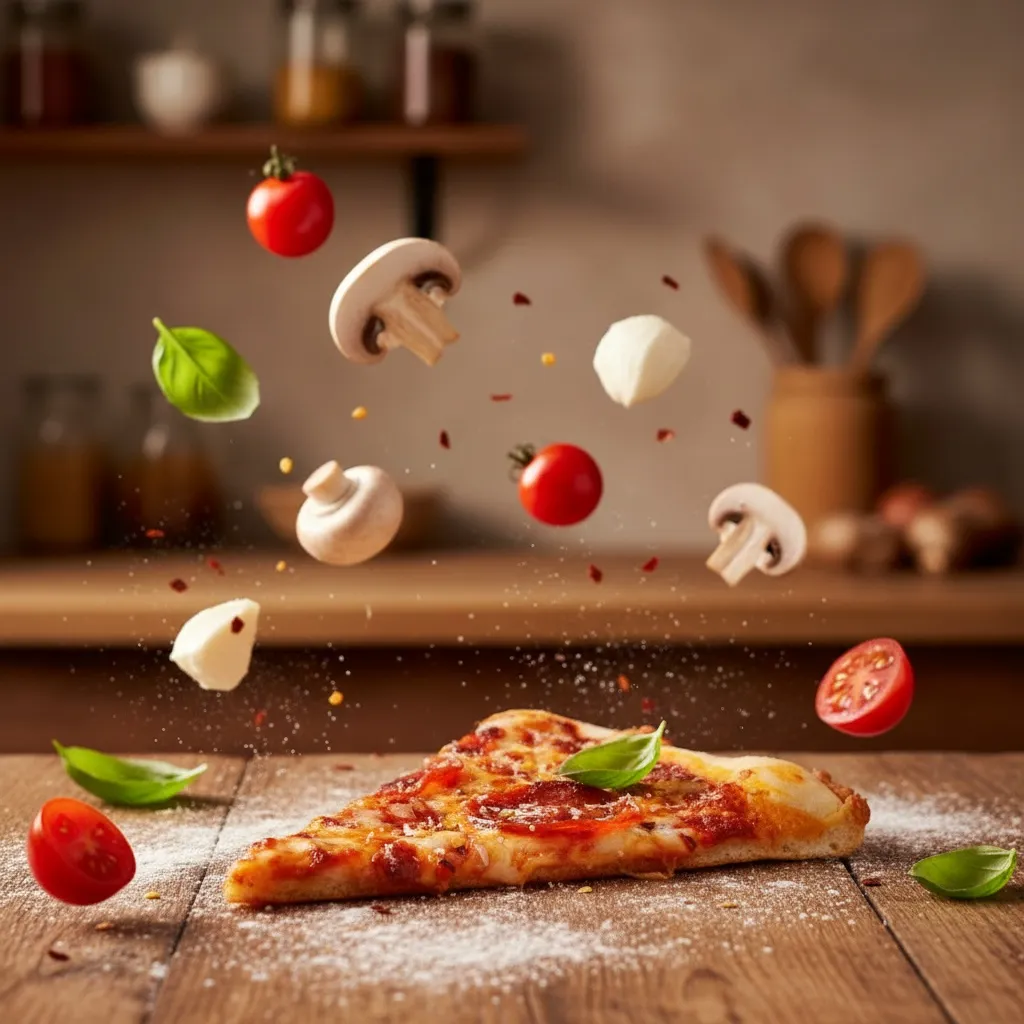 A pizza surrounded by floating fresh ingredients on a rustic Italian kitchen table.