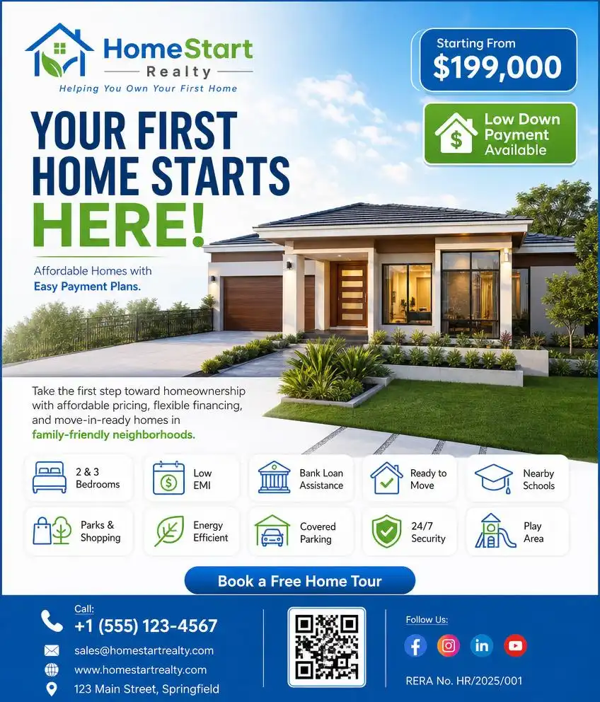 Affordable home buyer flyer promoting budget-friendly homes with flexible payment plans and modern amenities.
