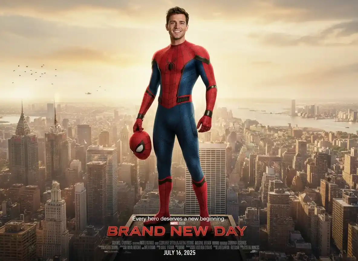 Spider-Man standing on a rooftop at sunrise in a cinematic movie poster design.