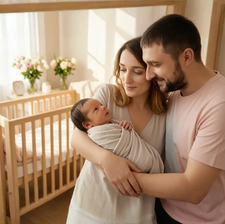 First-time parents lovingly holding their newborn baby in a bright, cozy nursery.