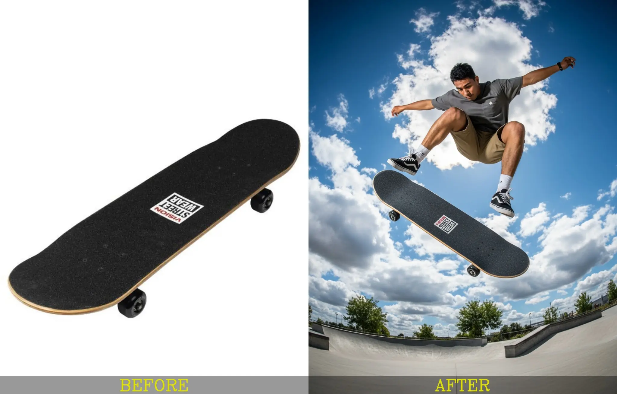 Before and after of a plain skateboard transformed into a dynamic sports advertisement.