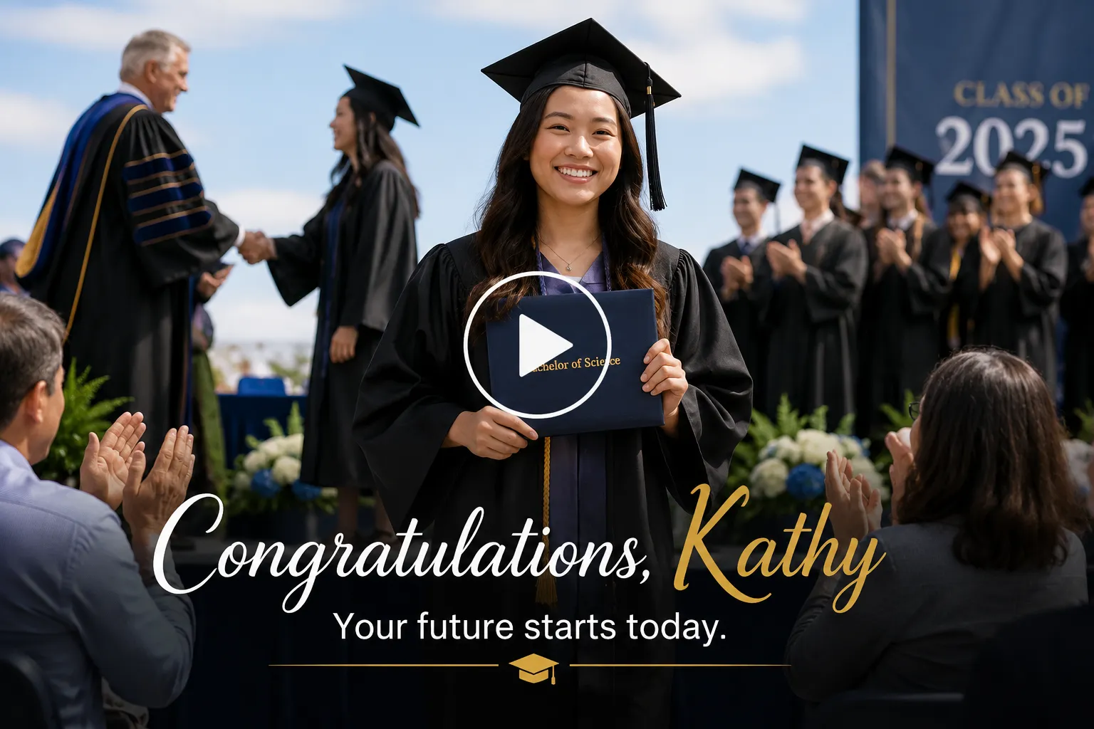 Video frame screenshot of Graduate proudly holding a diploma at graduation.