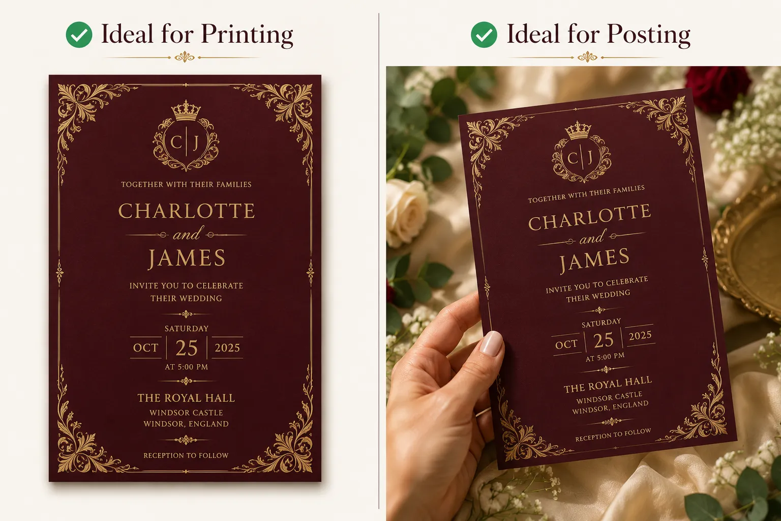Side-by-side comparison of the same royal maroon and gold wedding invitation shown as a clean print-ready design and as a styled flat-lay photo for social media posting.