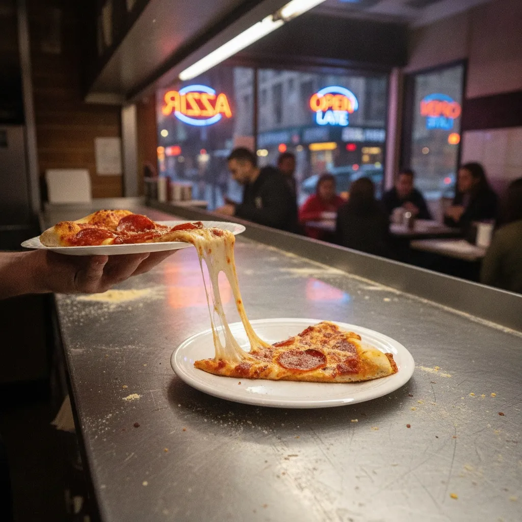 A New York-style pizza with a cheese pull inside a classic pizza shop with blurred city lights.