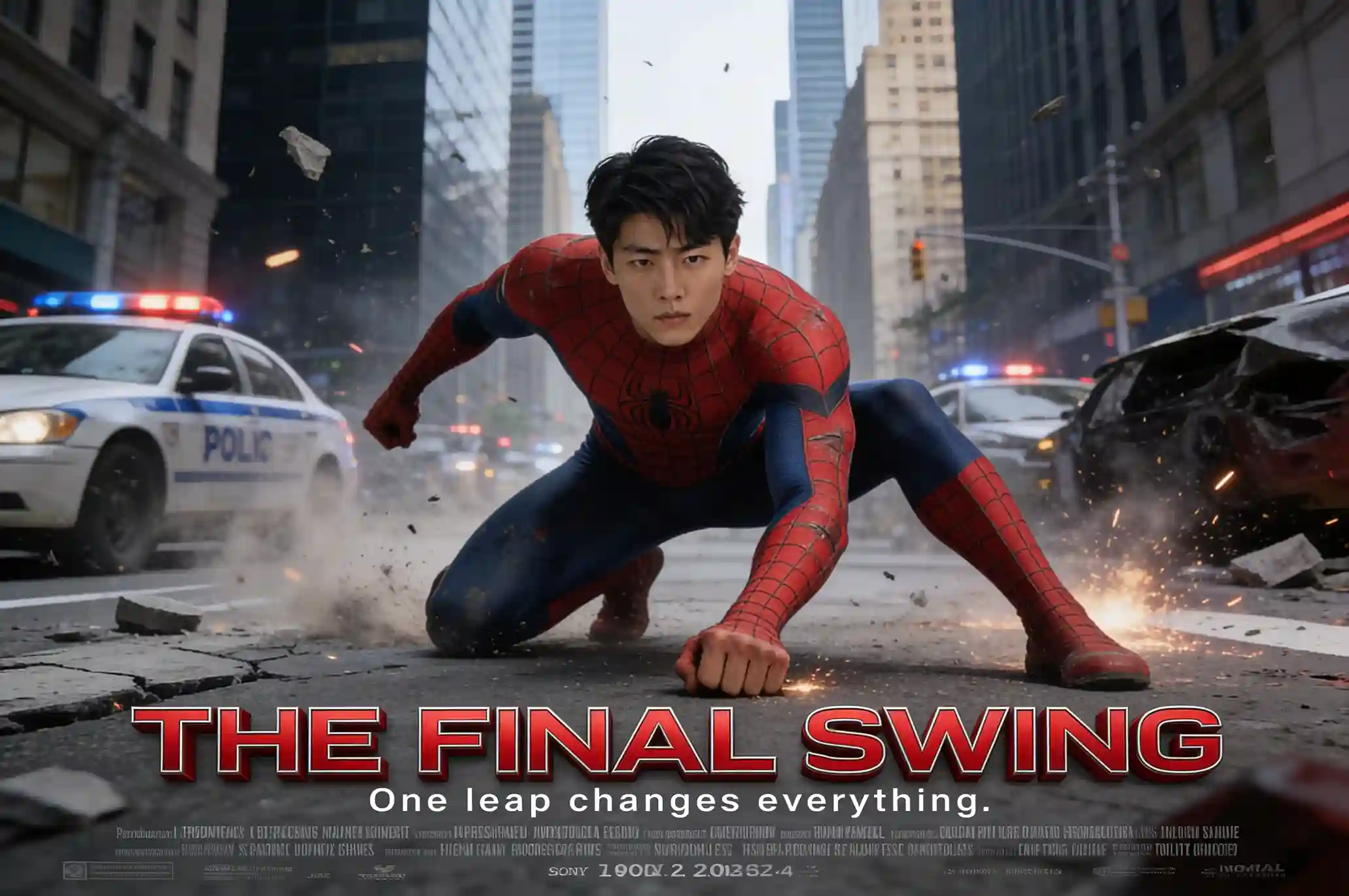 Spider-Man performing a powerful landing pose in a superhero movie poster scene.