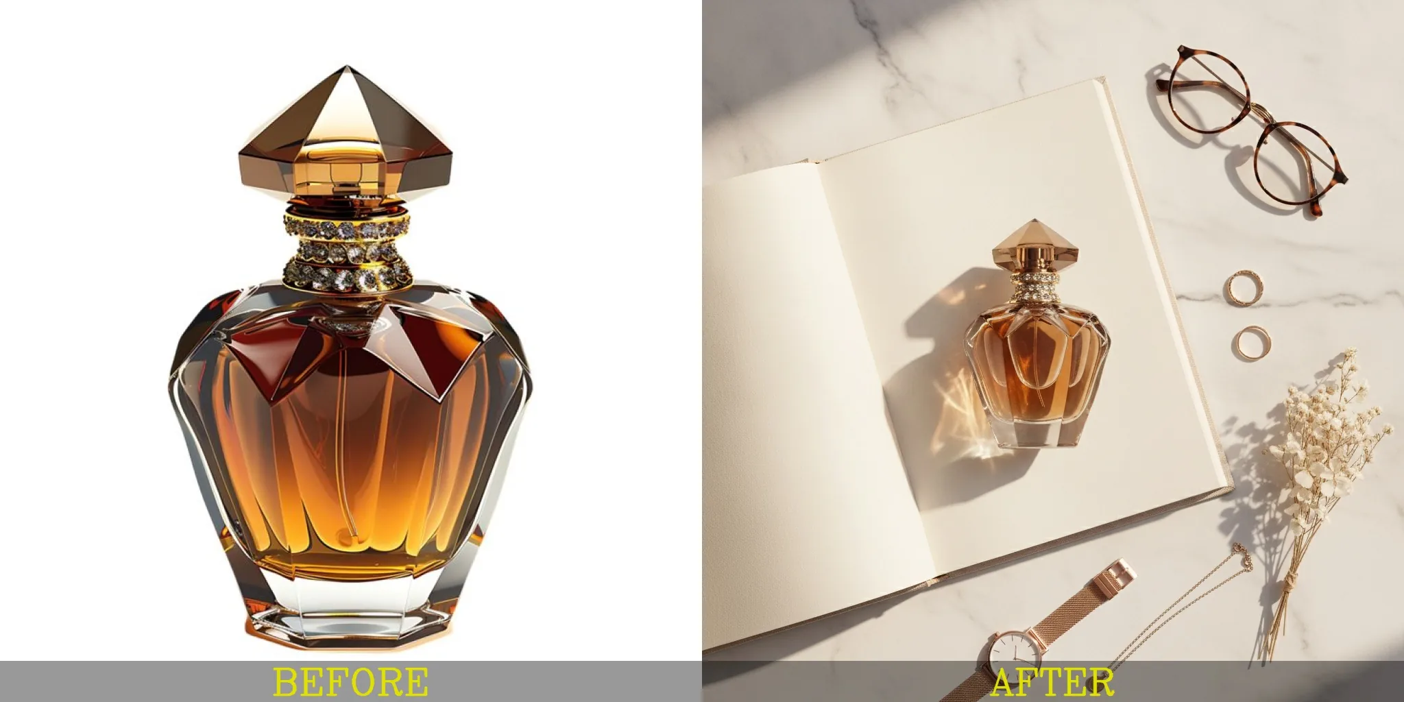 Before and after of a plain perfume bottle transformed into a luxury flat lay advertisement.