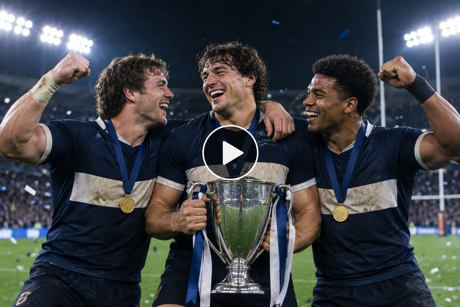 Video frame screenshot of Rugby champions celebrating with a trophy in a stadium.