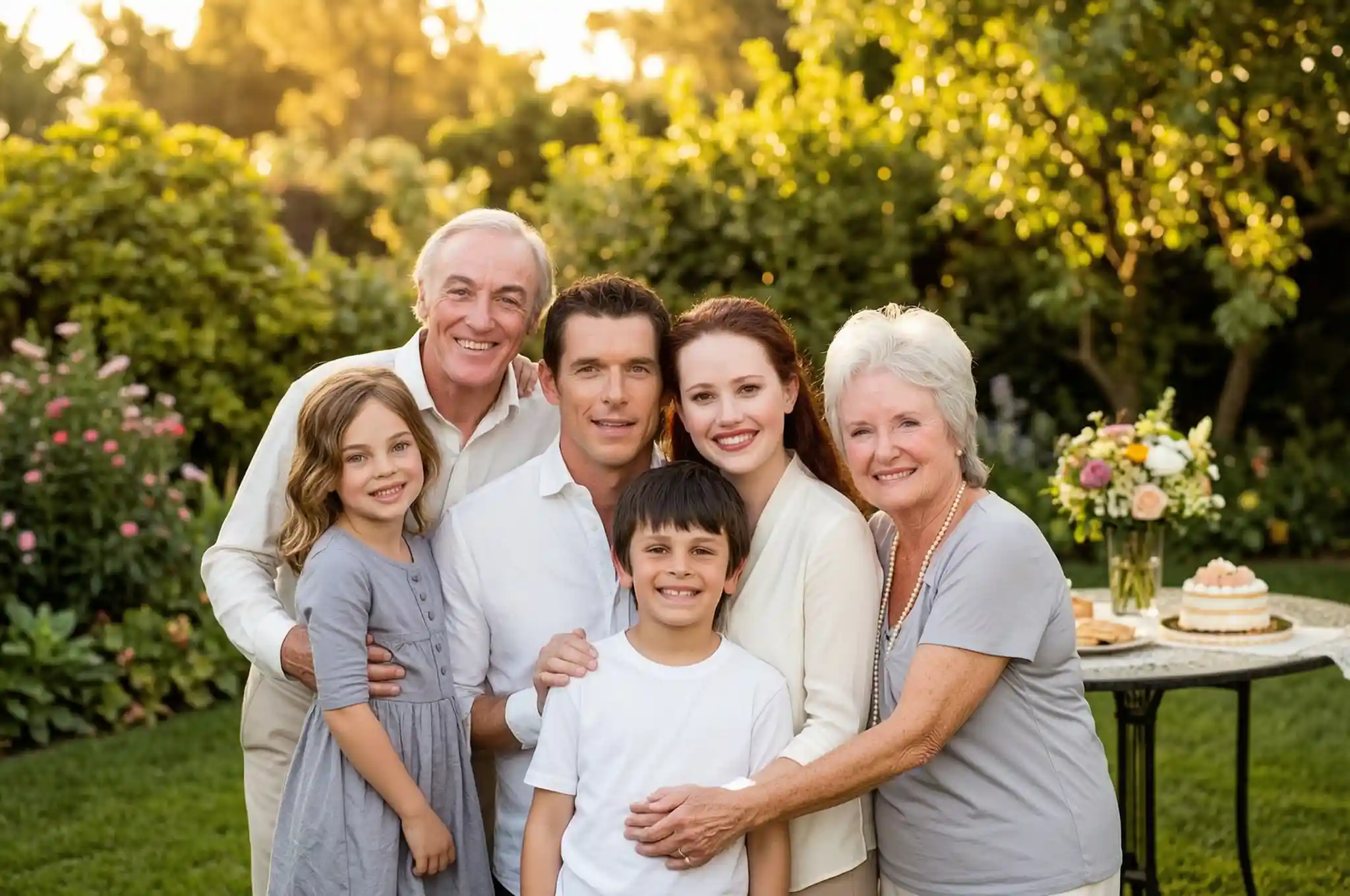 family portrait celebrating a special anniversary with grandparents, parents, and children together in garden