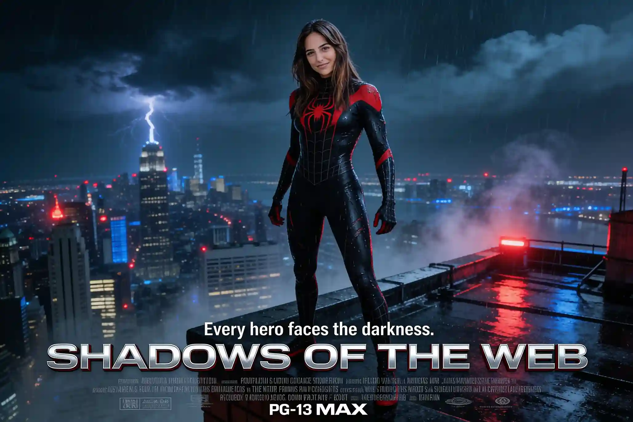 Spider-Man standing on a rainy rooftop in a dark cinematic poster scene.